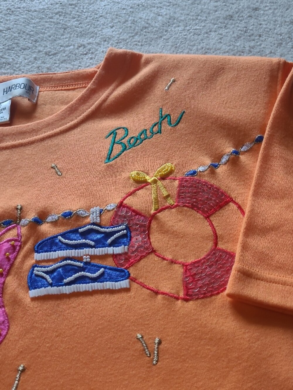 Victoria Harbour VINTAGE Size S Short Sleeve Orange Embellished Beach Tee - Picture 4 of 16